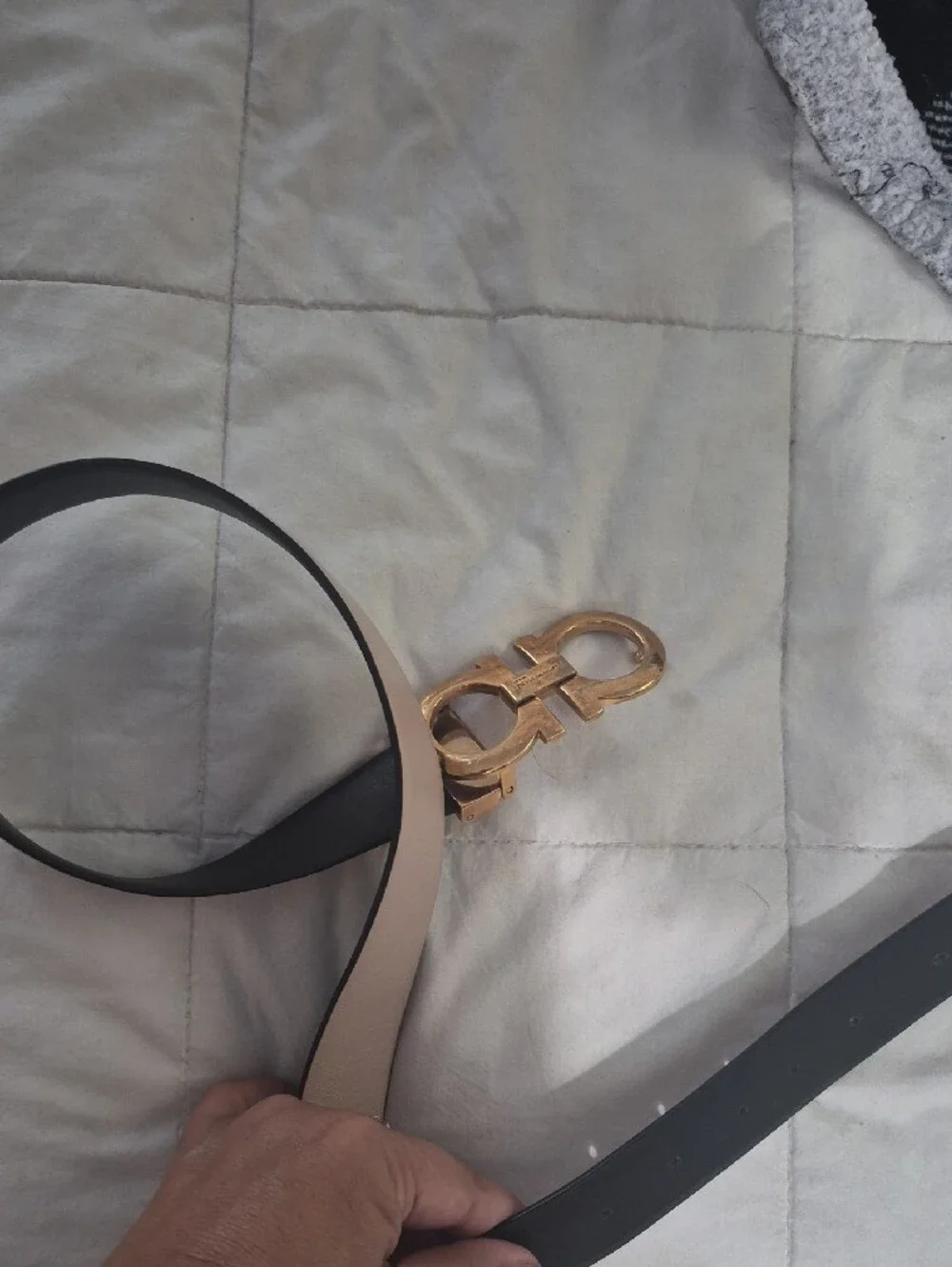 Salvatore Ferragamo Black And Beige Two-Sided Gold Double Gancini Belt. Auth.